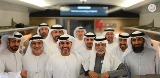 Nahyan bin Mubarak boards Etihad Rail’s passenger train from Abu Dhabi to Fujairah